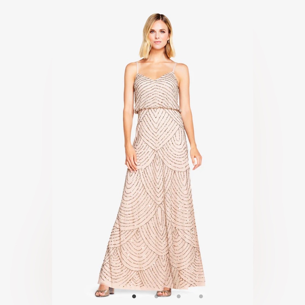Adrianna Papell ART DECO BEADED BLOUSON GOWN IN TAUPE PINK